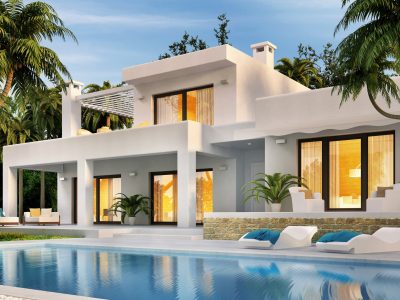 Beautiful modern white house with swimming pool