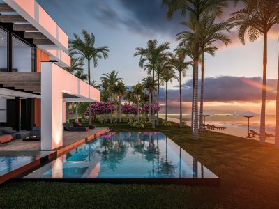 3d rendering of modern cozy house with pool and parking for sale or rent in luxurious style by the sea or ocean. Sunset evening by the azure coast with palm trees and flowers in tropical island